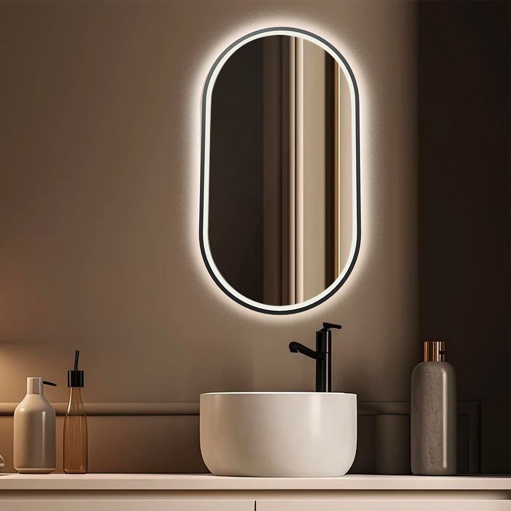 Bernstein Oval Mirror with LED Light & Sensor 55(W)x100(H) cm - Black Frame